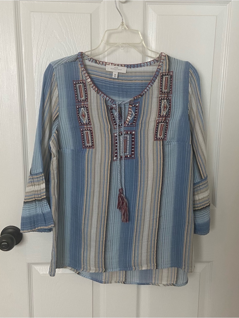New Directions Blue Striped Embroidered Boho Peasant Blouse Bell Sleeve Medium